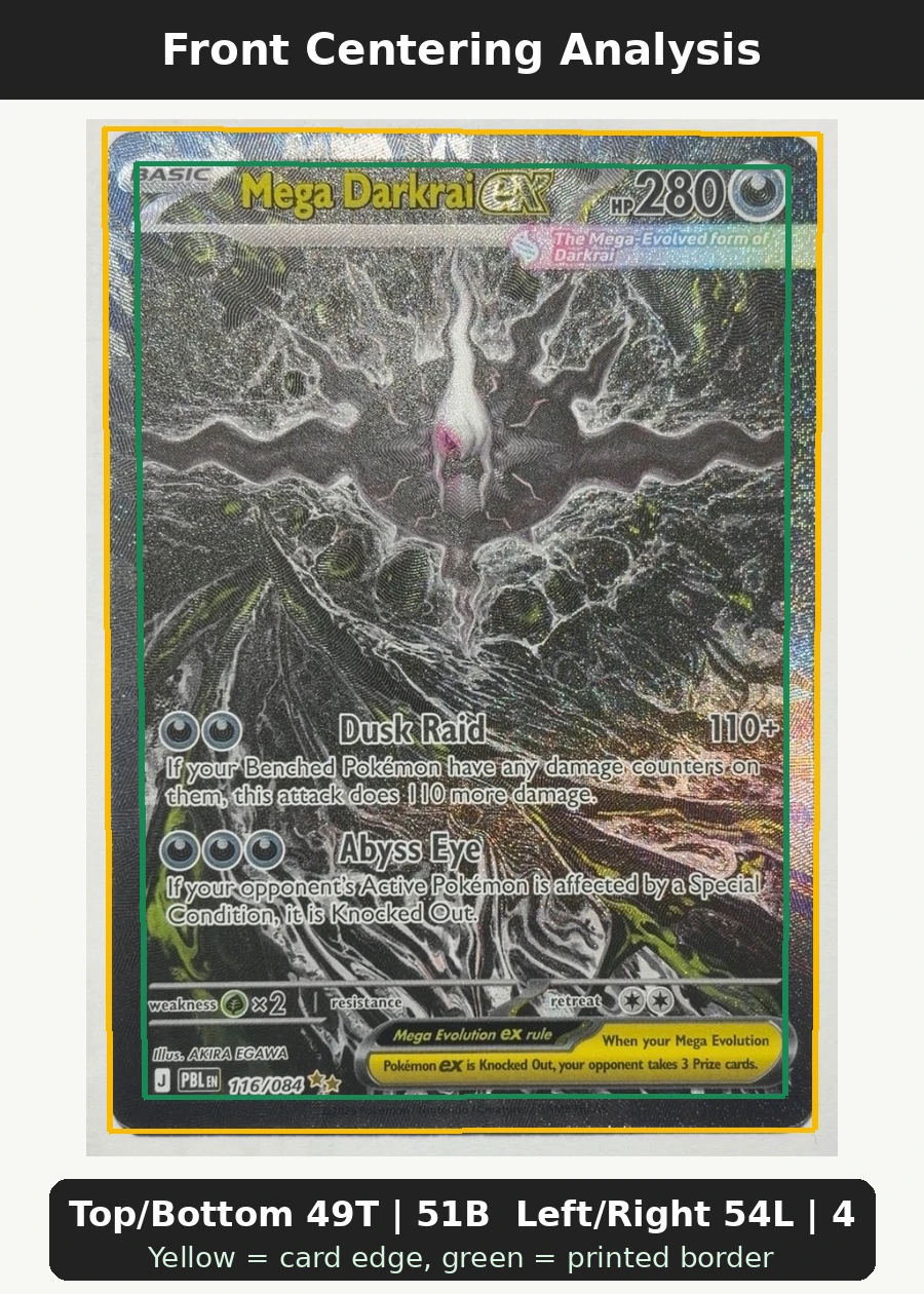 Mega Darkrai ex 116/84 Pitch Black front centering analysis showing Top/Bottom 49T | 51B and Left/Right 54L | 46R.