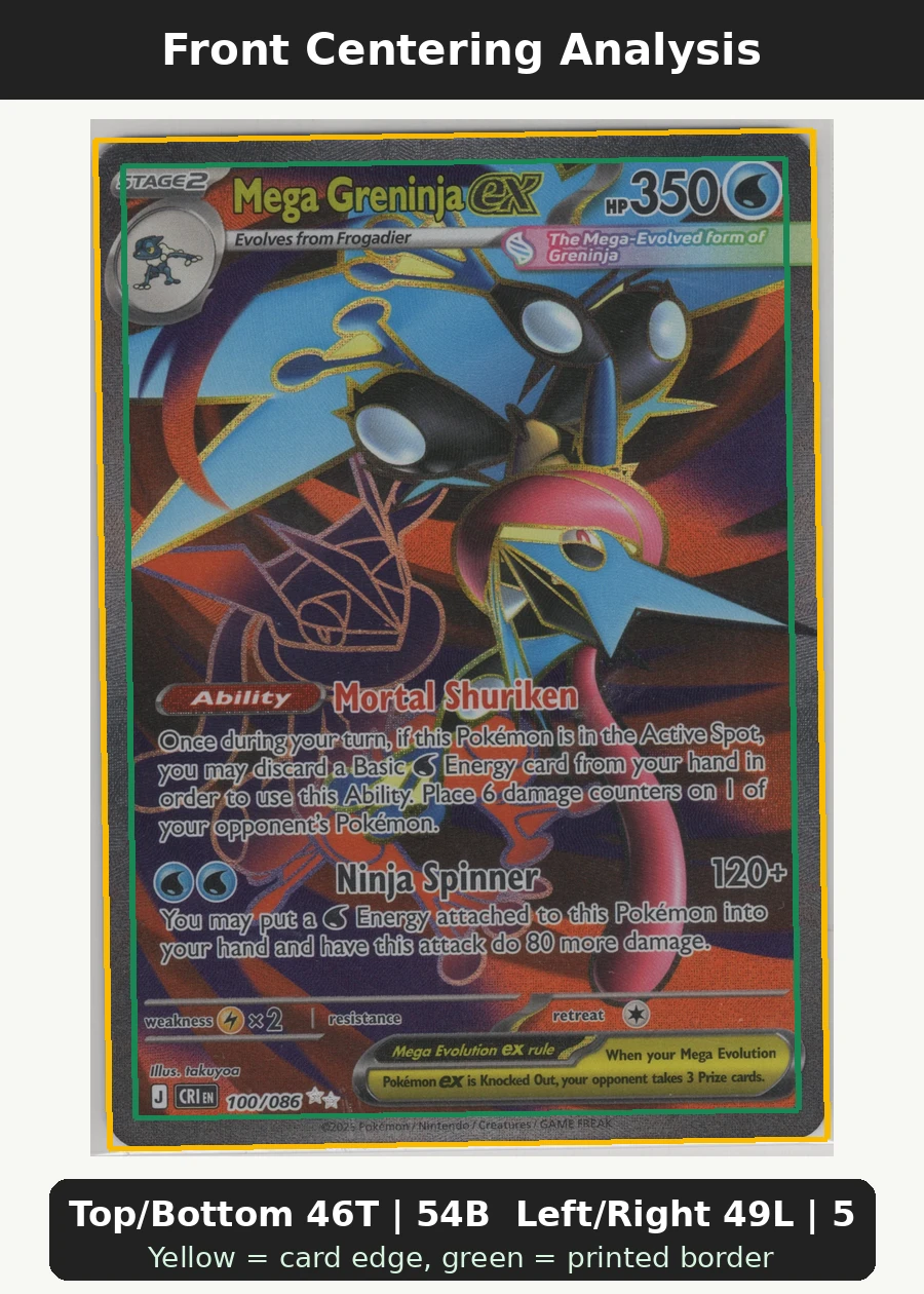 Mega Greninja ex 100/86 Chaos Rising front centering analysis showing Top/Bottom 46T | 54B and Left/Right 49L | 51R.