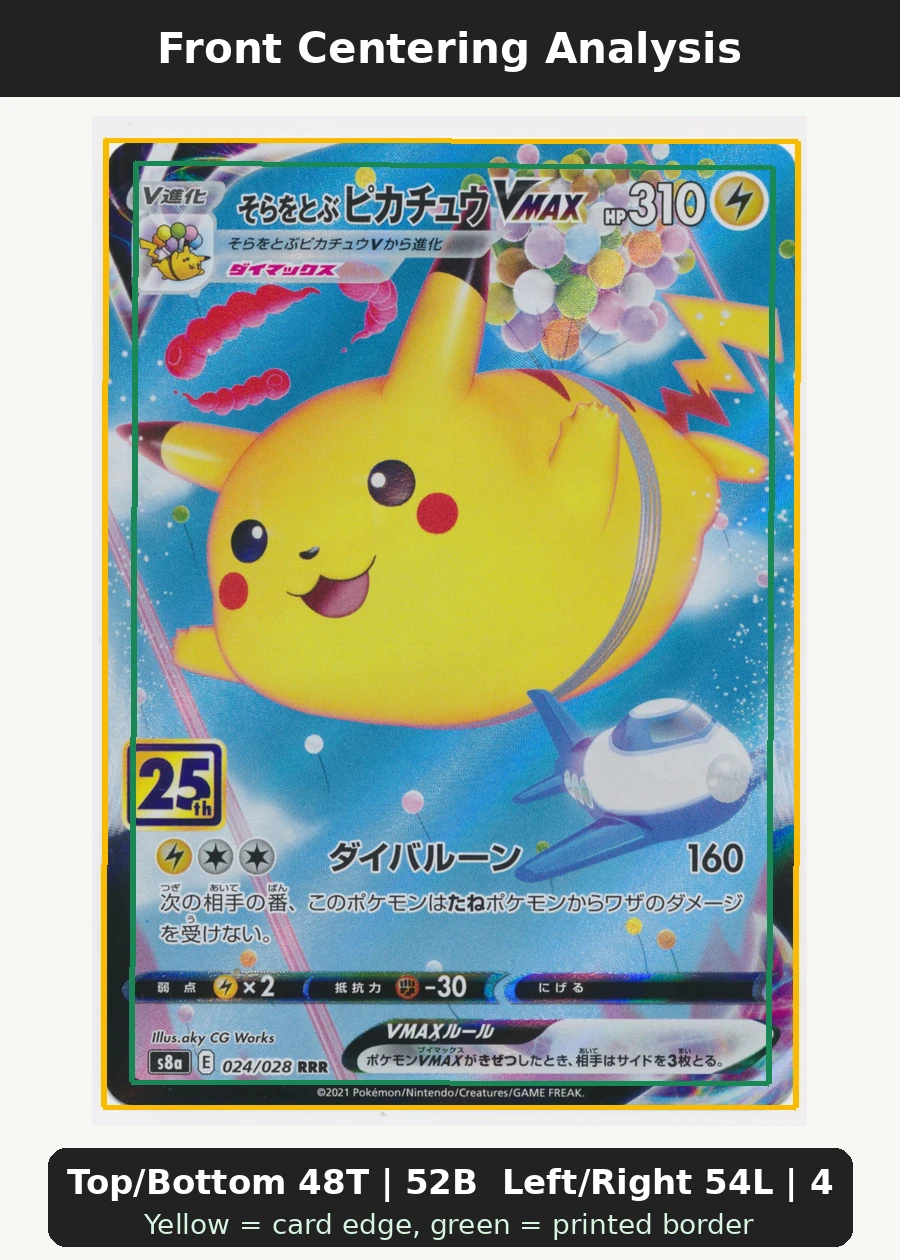 Flying Pikachu VMAX 007/25 Celebrations front centering analysis showing Top/Bottom 48T | 52B and Left/Right 54L | 46R.