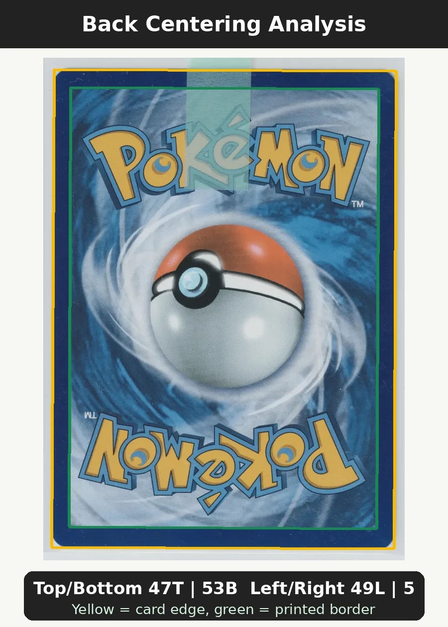 M Venusaur EX 100/108 Evolutions back centering analysis showing Top/Bottom 47T | 53B and Left/Right 49L | 51R.