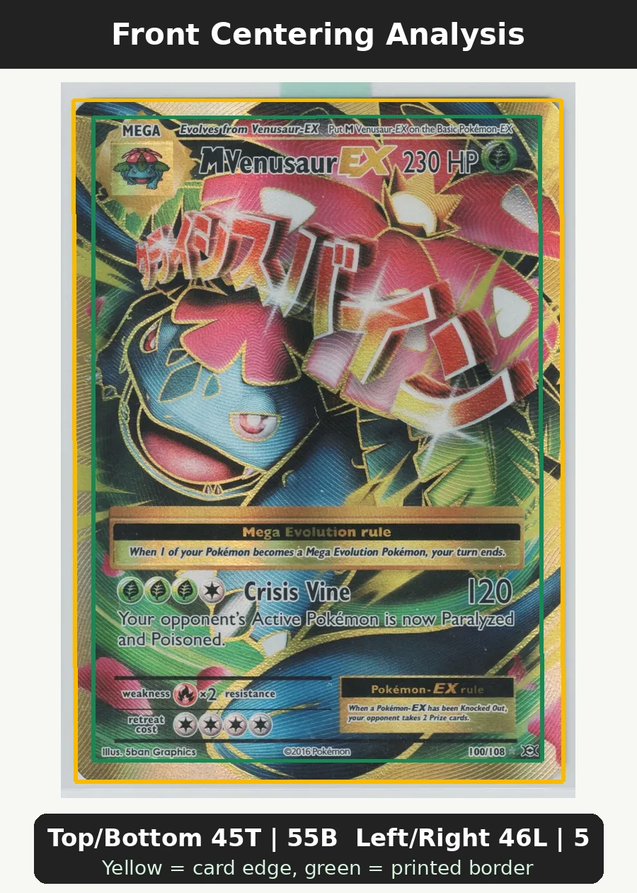 M Venusaur EX 100/108 Evolutions front centering analysis showing Top/Bottom 45T | 55B and Left/Right 46L | 54R.