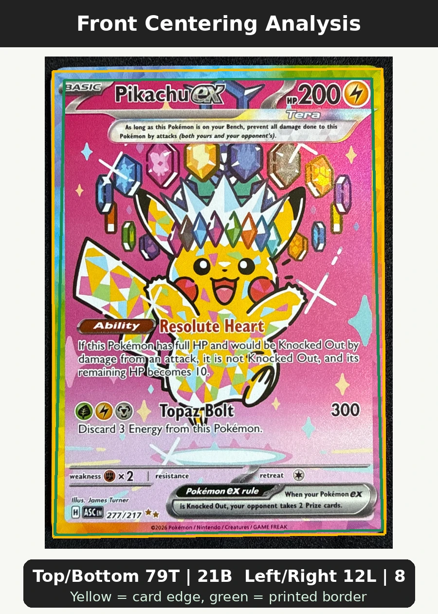 Pikachu ex 277/217 Ascended Heroes front centering analysis showing Top/Bottom 79T | 21B and Left/Right 12L | 88R.