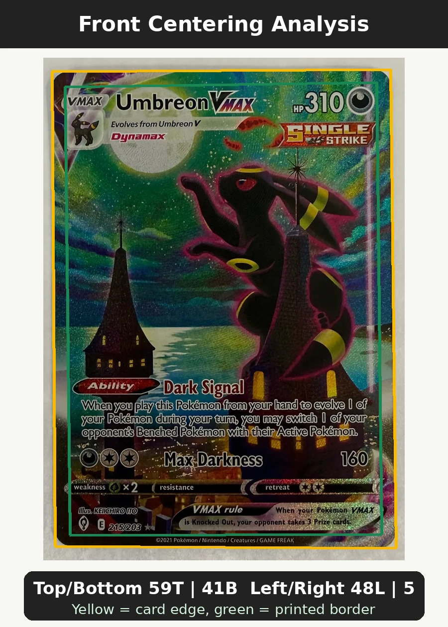 Umbreon VMAX 215/203 Evolving Skies front centering analysis showing Top/Bottom 59T | 41B and Left/Right 48L | 52R.