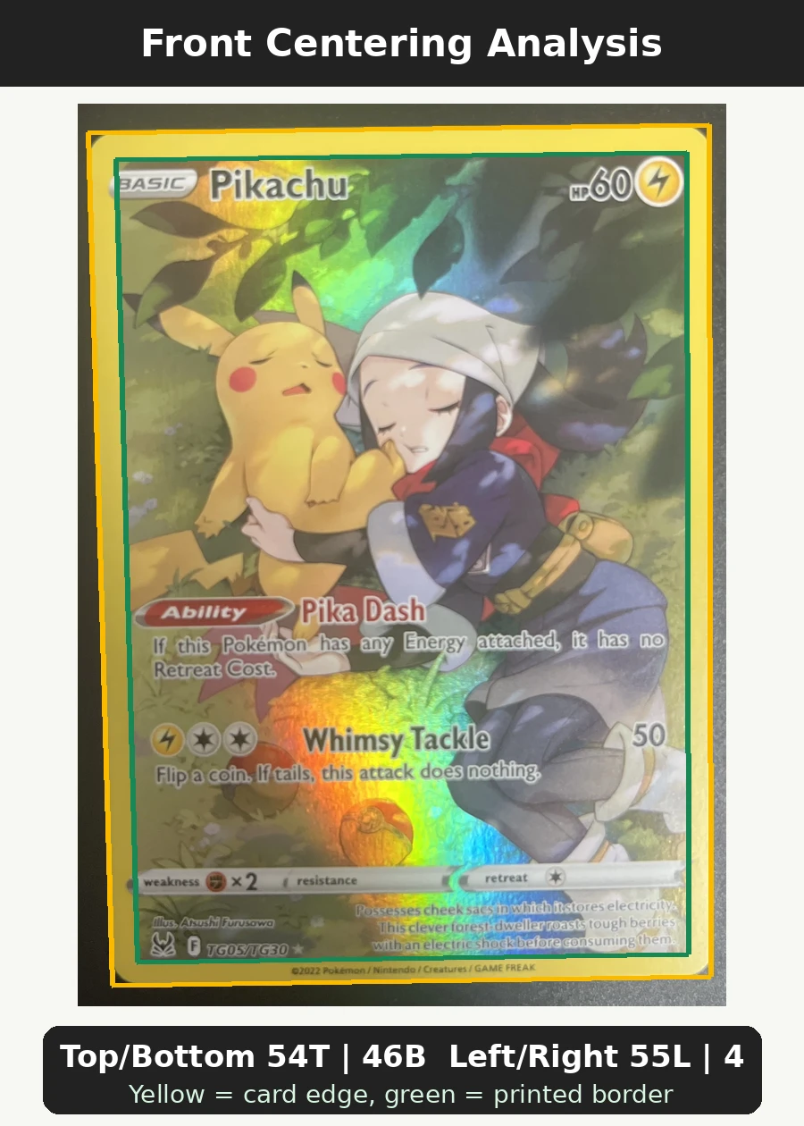 Pikachu TG05/196 Lost Origin front centering analysis showing Top/Bottom 54T | 46B and Left/Right 55L | 45R.