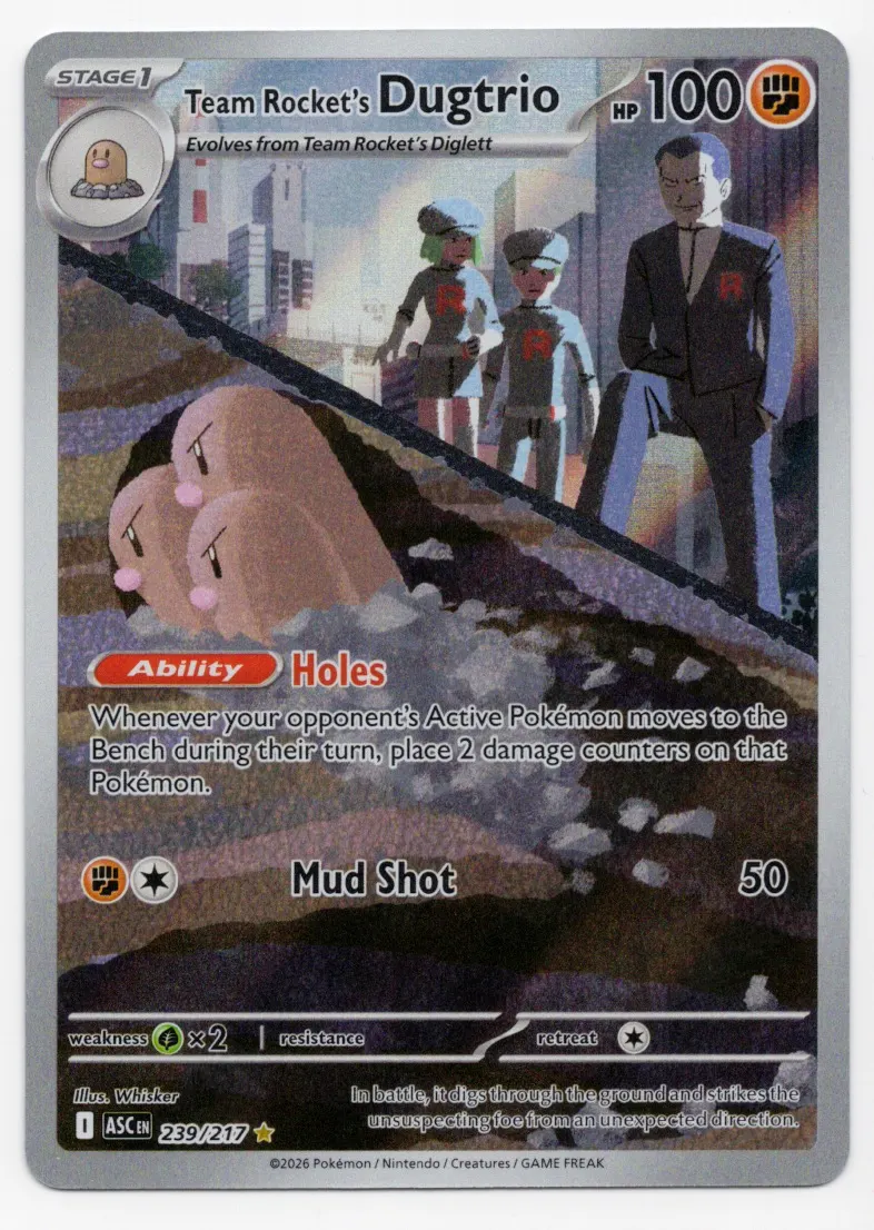 Team Rocket's Dugtrio 239/217 Ascended Heroes front card photo in PokeToGrade pregrading report