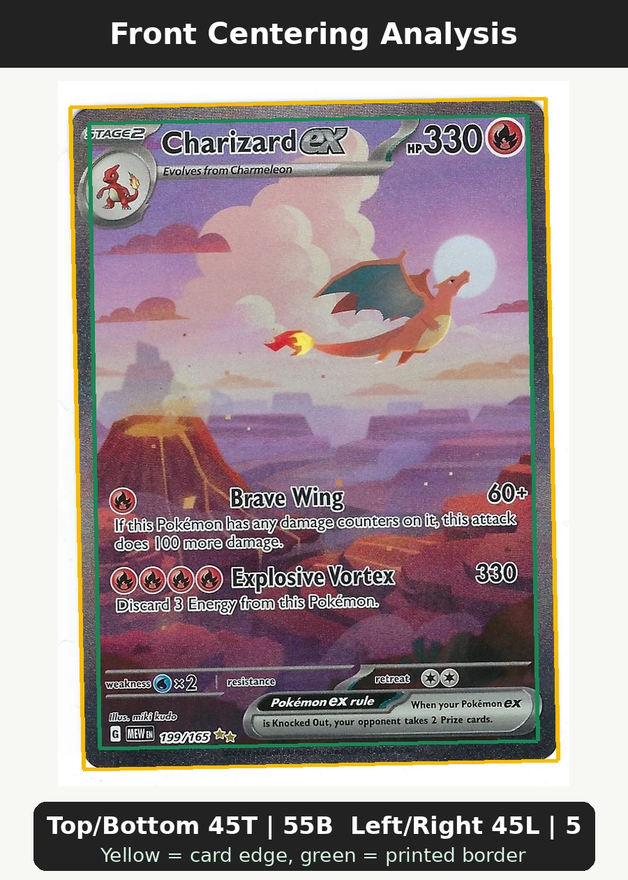 Charizard ex 199/165 151 front centering analysis showing Top/Bottom 45T | 55B and Left/Right 45L | 55R.