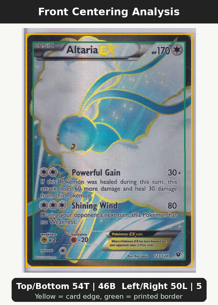 Altaria EX 123/124 Fates Collide front centering analysis showing Top/Bottom 54T | 46B and Left/Right 50L | 50R.