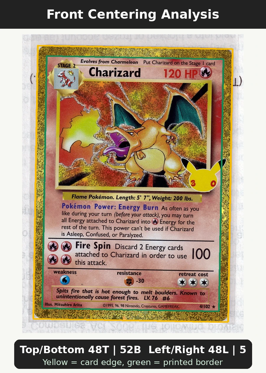 Charizard 004 30th Classic Collection front centering analysis showing Top/Bottom 48T | 52B and Left/Right 48L | 52R.