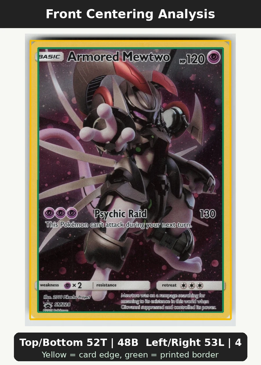 Armored Mewtwo SM228/248 SM Black Star Promos front centering analysis showing Top/Bottom 52T | 48B and Left/Right 53L | 47R.