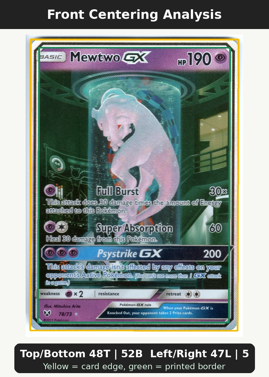 Mewtwo GX 078/73 Shining Legends front centering analysis showing Top/Bottom 48T | 52B and Left/Right 47L | 53R.