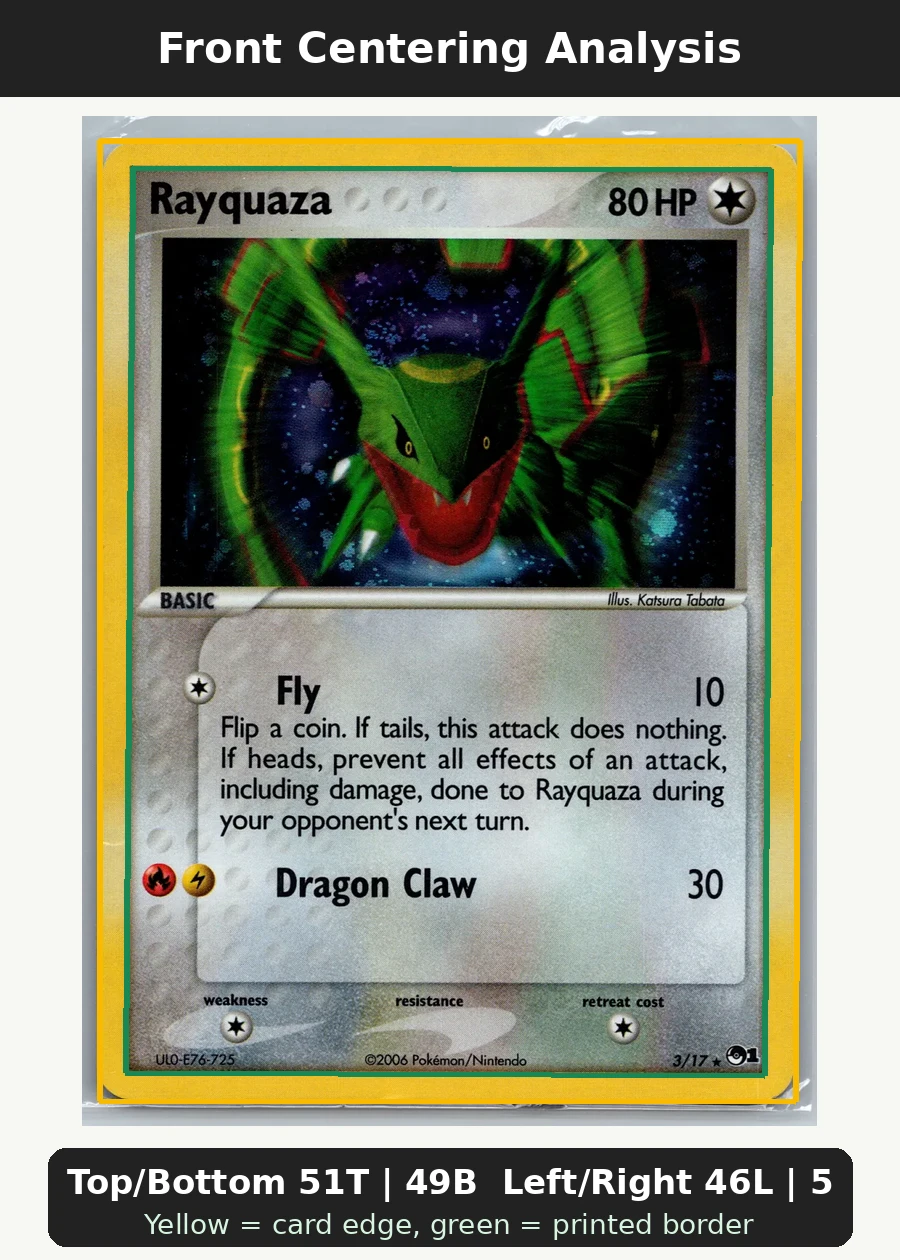 Rayquaza 003/17 POP Series 1 front centering analysis showing Top/Bottom 51T | 49B and Left/Right 46L | 54R.