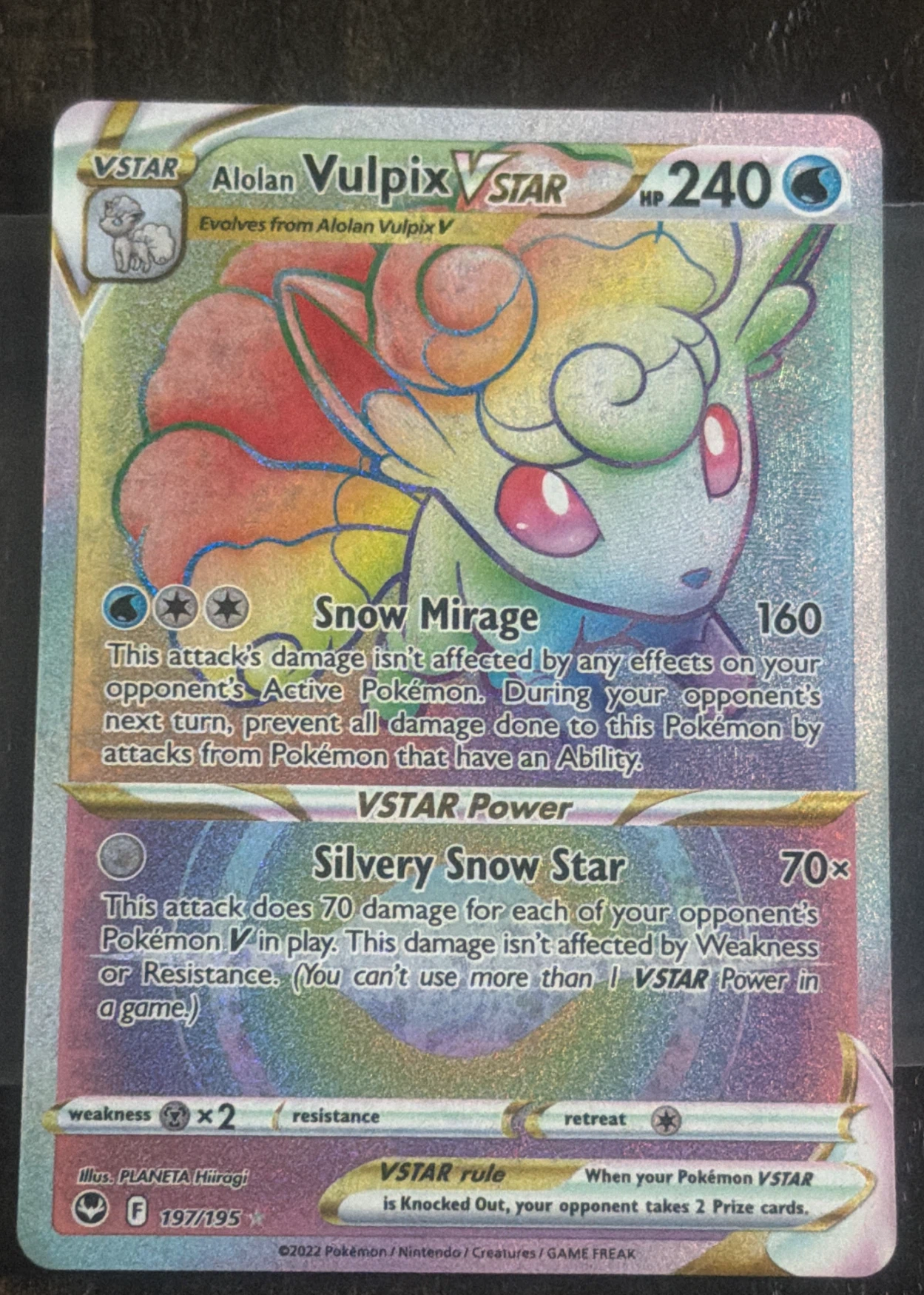 Alolan Vulpix VSTAR 197/195 Silver Tempest front card photo in PokeToGrade pregrading report