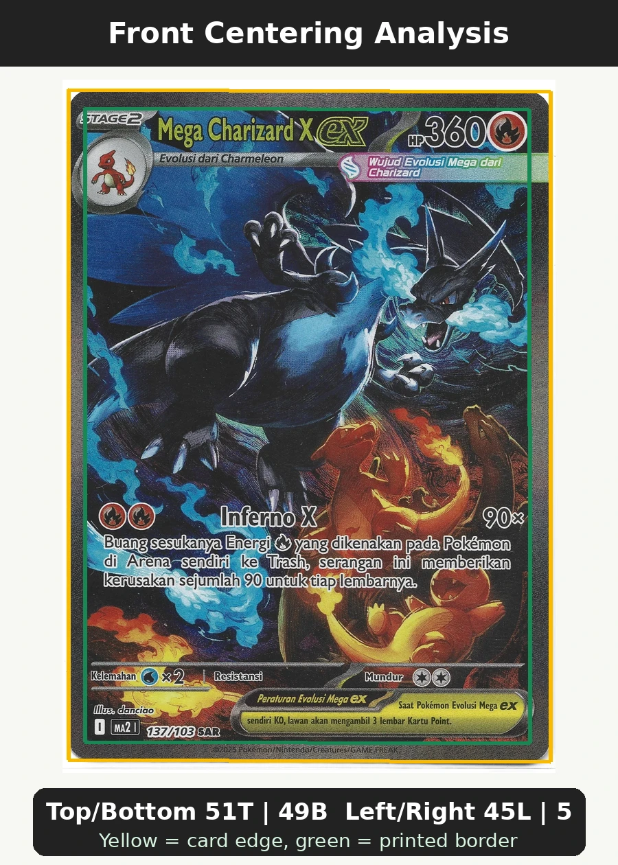 Mega Charizard X ex 125/94 Phantasmal Flames front centering analysis showing Top/Bottom 51T | 49B and Left/Right 45L | 55R.