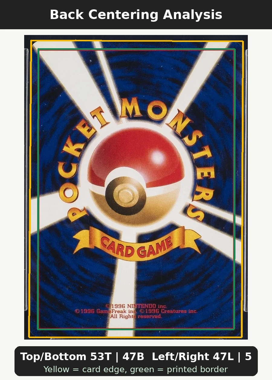 Pikachu 035/108 Base Set back centering analysis showing Top/Bottom 53T | 47B and Left/Right 47L | 53R.