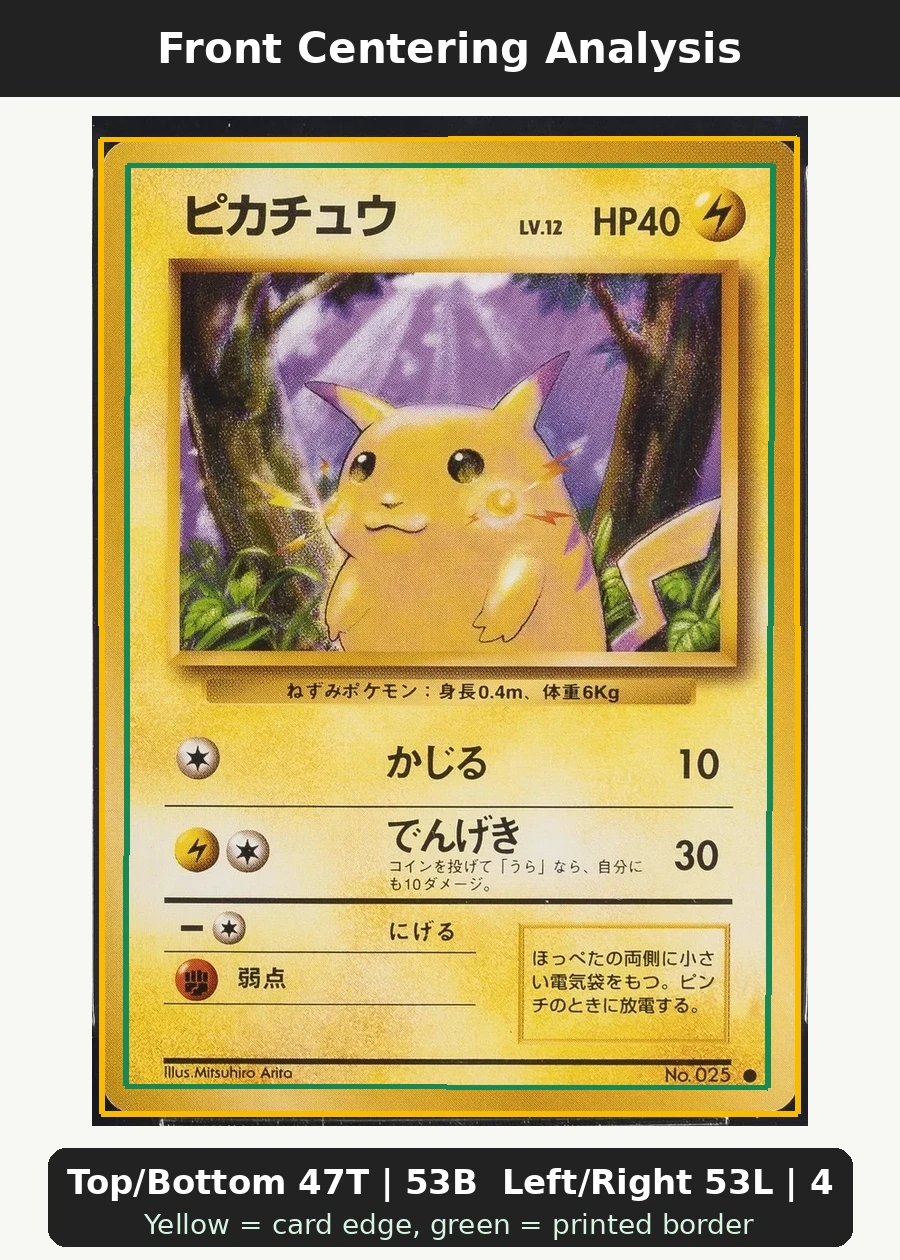 Pikachu 035/108 Base Set front centering analysis showing Top/Bottom 47T | 53B and Left/Right 53L | 47R.