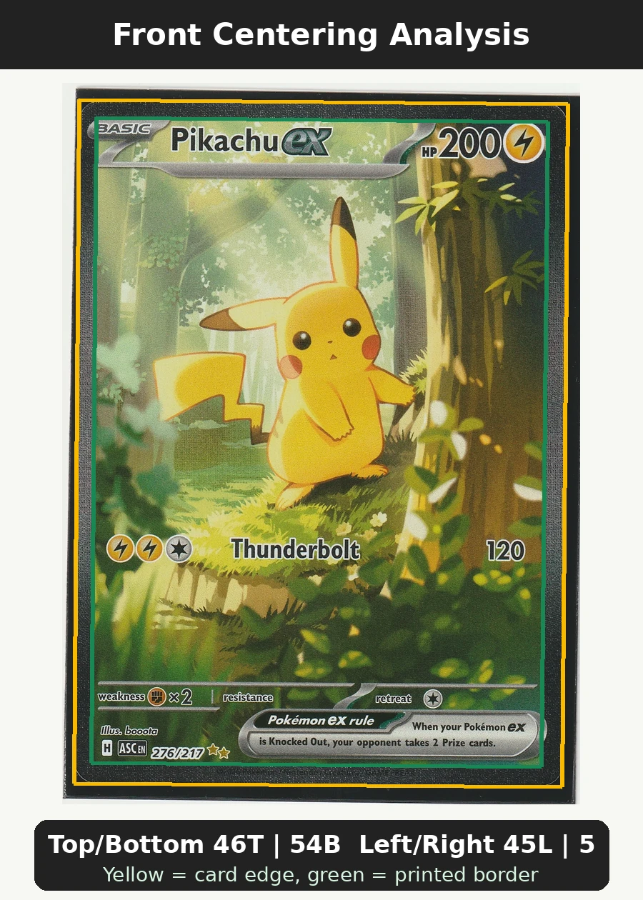 Pikachu ex 276/217 Ascended Heroes front centering analysis showing Top/Bottom 46T | 54B and Left/Right 45L | 55R.