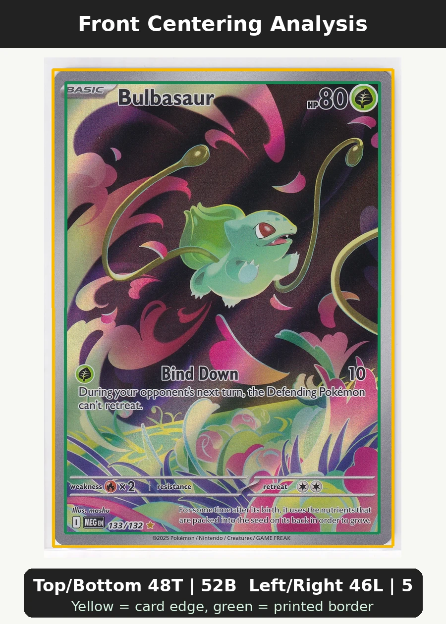 Bulbasaur 133/132 Mega Evolution front centering analysis showing Top/Bottom 48T | 52B and Left/Right 46L | 54R.
