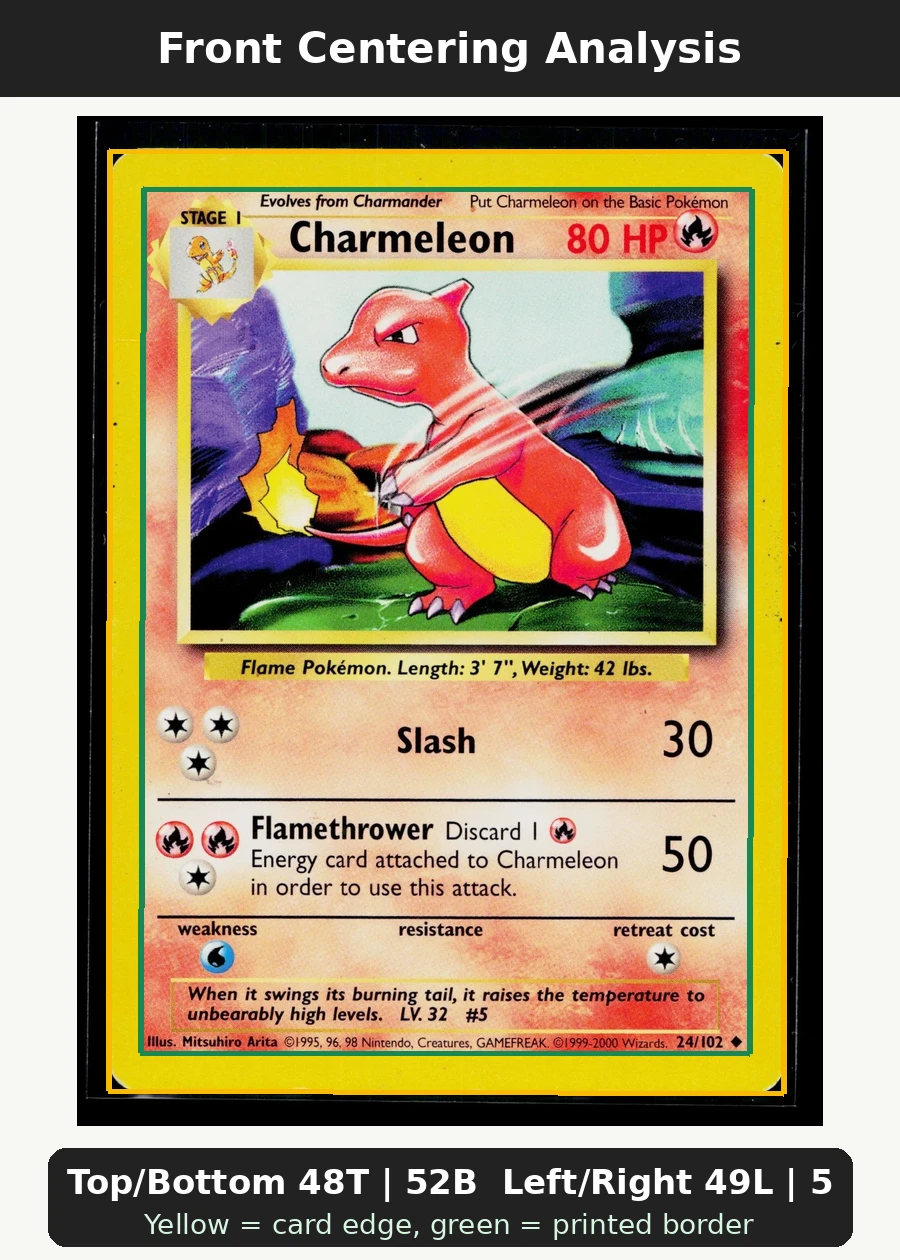 Charmeleon 037/110 Legendary Collection front centering analysis showing Top/Bottom 48T | 52B and Left/Right 49L | 51R.