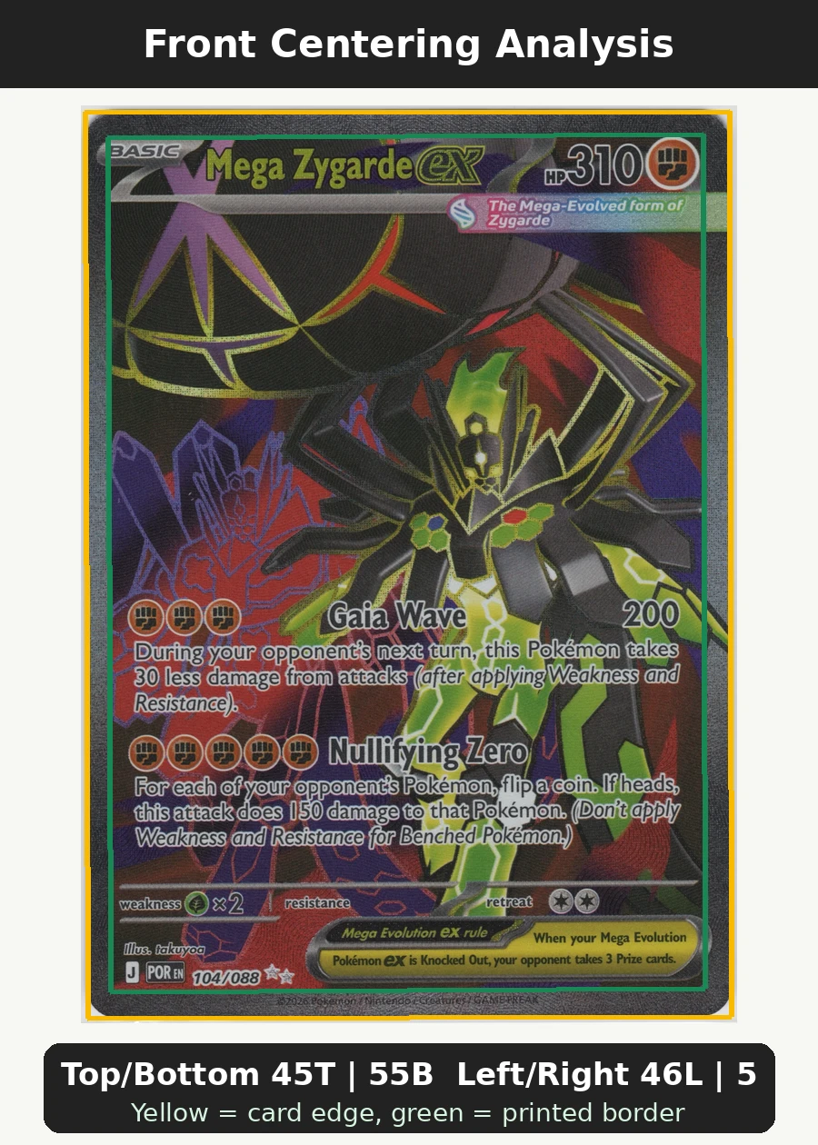 Mega Zygarde ex 104/88 Perfect Order front centering analysis showing Top/Bottom 45T | 55B and Left/Right 46L | 54R.