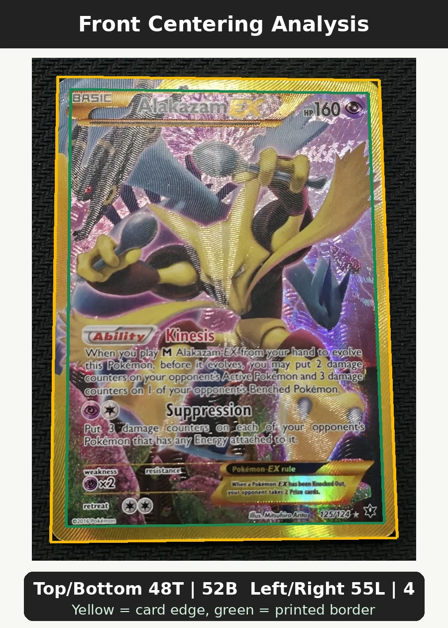 Alakazam EX 125/124 Fates Collide front centering analysis showing Top/Bottom 48T | 52B and Left/Right 55L | 45R.