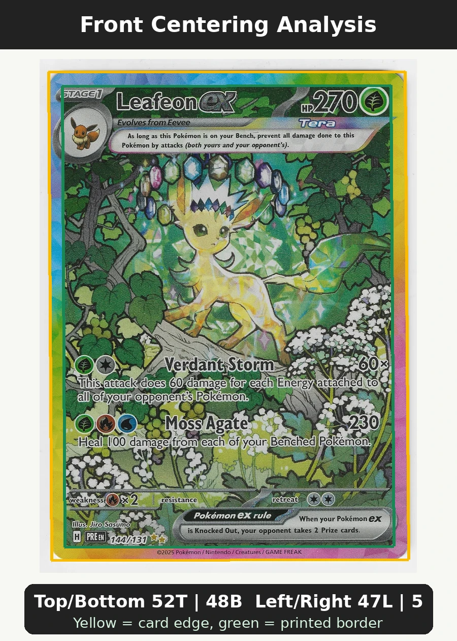 Leafeon ex 144/131 Prismatic Evolutions front centering analysis showing Top/Bottom 52T | 48B and Left/Right 47L | 53R.