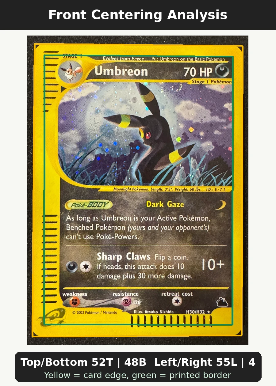 Umbreon H30/144 Skyridge front centering analysis showing Top/Bottom 52T | 48B and Left/Right 55L | 45R.