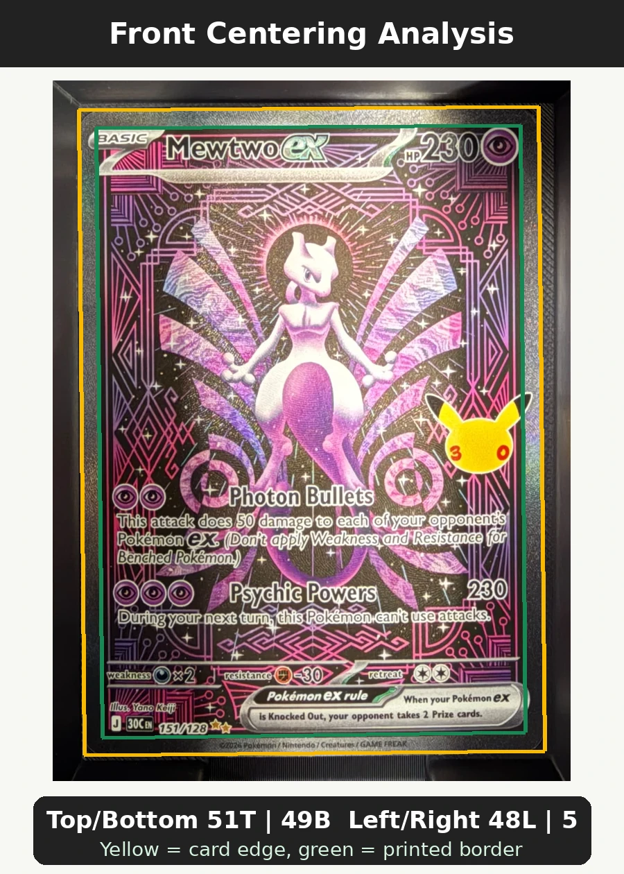 Mewtwo ex 151/128 30th Celebration front centering analysis showing Top/Bottom 51T | 49B and Left/Right 48L | 52R.