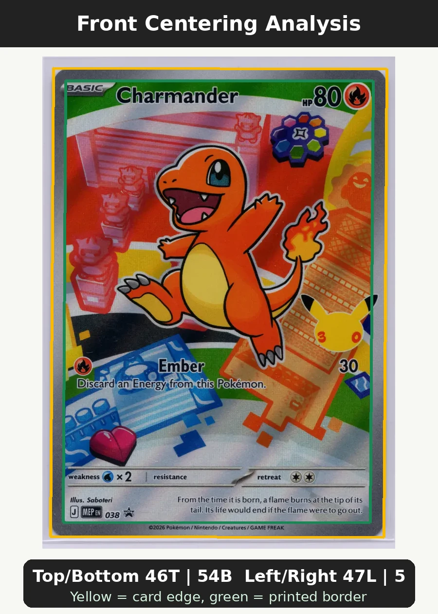 Charmander 046 First Partner Pack front centering analysis showing Top/Bottom 46T | 54B and Left/Right 47L | 53R.