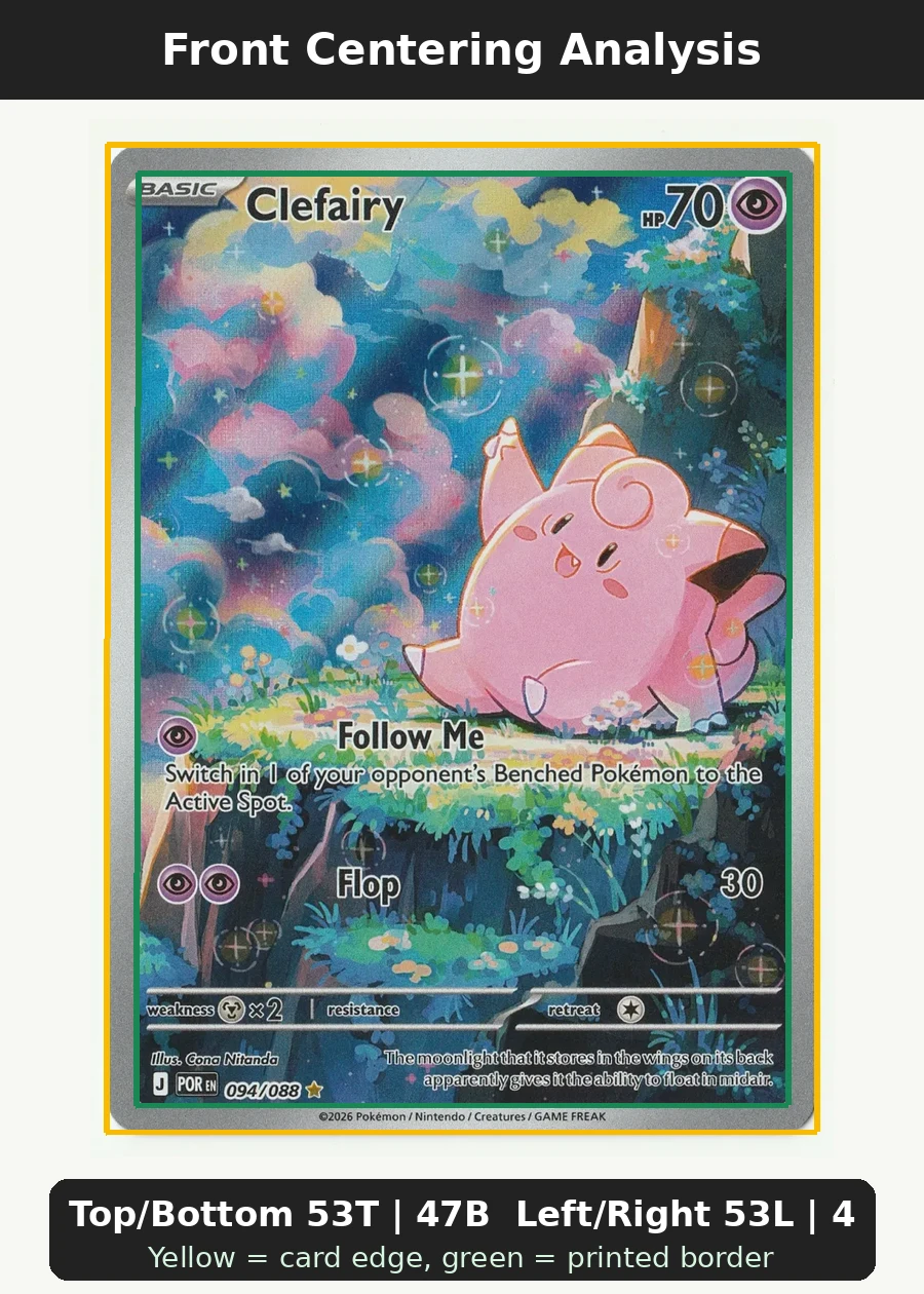 Clefairy 094/88 Perfect Order front centering analysis showing Top/Bottom 53T | 47B and Left/Right 53L | 47R.