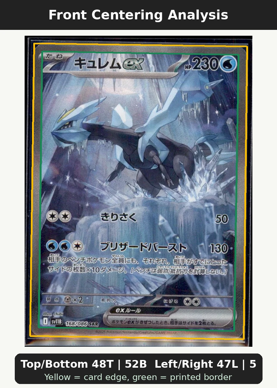 Kyurem ex 165/86 Black Bolt front centering analysis showing Top/Bottom 48T | 52B and Left/Right 47L | 53R.