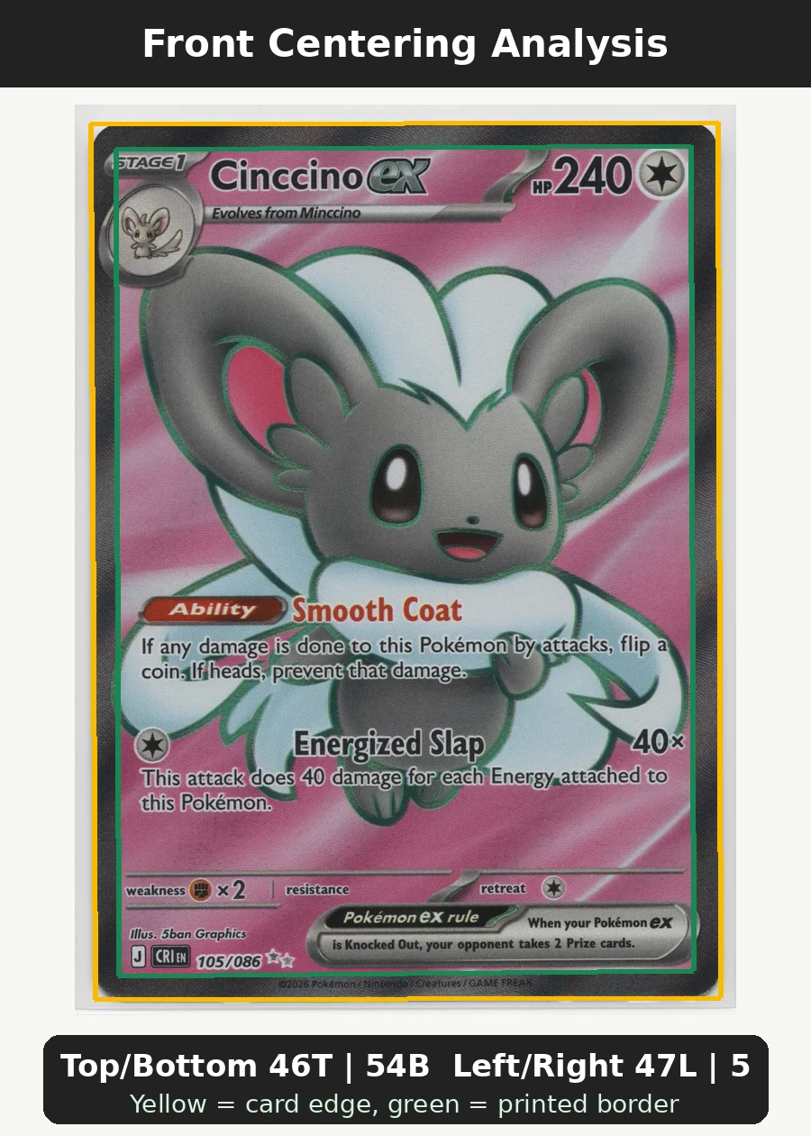 Cinccino ex 105/86 Chaos Rising front centering analysis showing Top/Bottom 46T | 54B and Left/Right 47L | 53R.