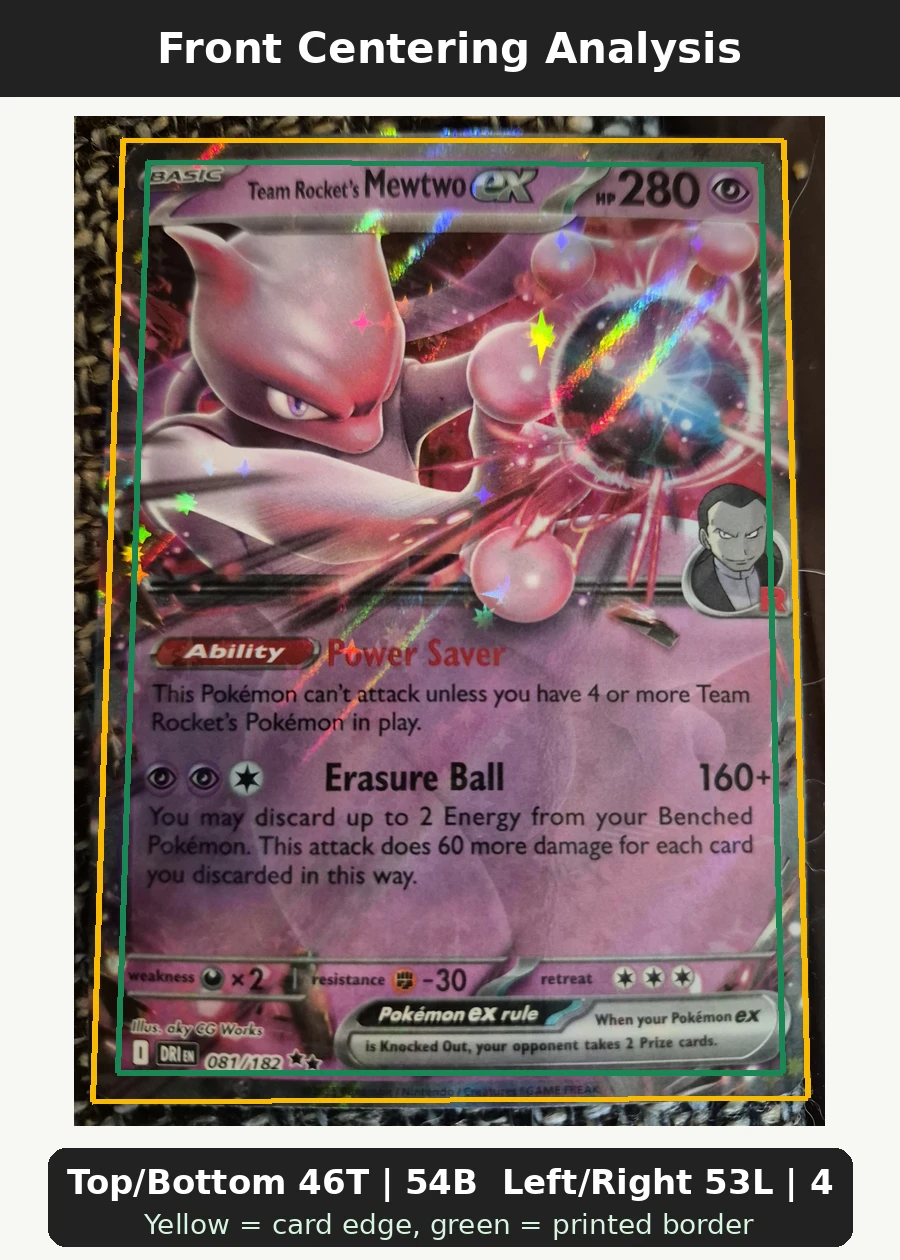 Team Rocket's Mewtwo ex 081/182 Destined Rivals front centering analysis showing Top/Bottom 46T | 54B and Left/Right 53L | 47R.