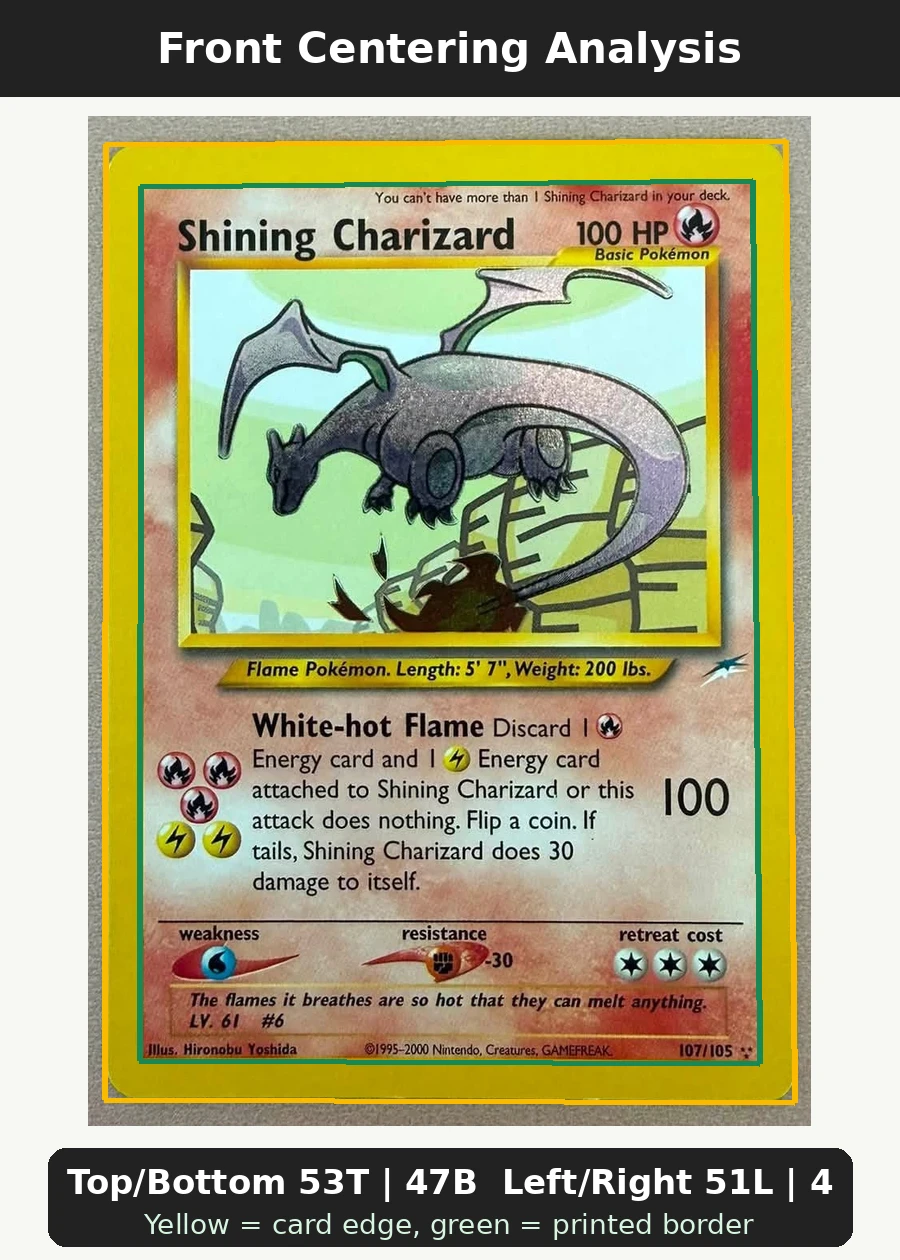 Shining Charizard 107/105 Neo Destiny front centering analysis showing Top/Bottom 53T | 47B and Left/Right 51L | 49R.