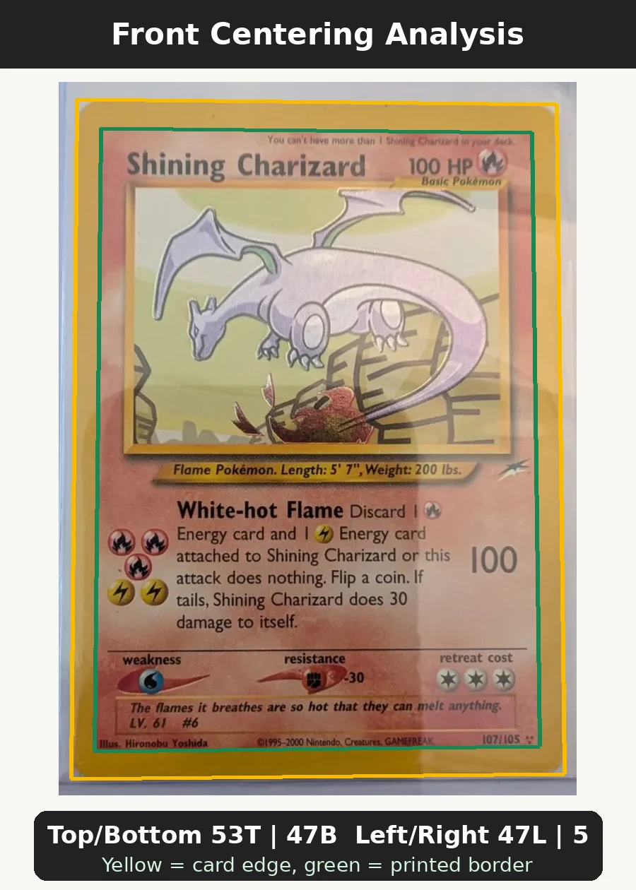 Shining Charizard 107/105 Neo Destiny front centering analysis showing Top/Bottom 53T | 47B and Left/Right 47L | 53R.