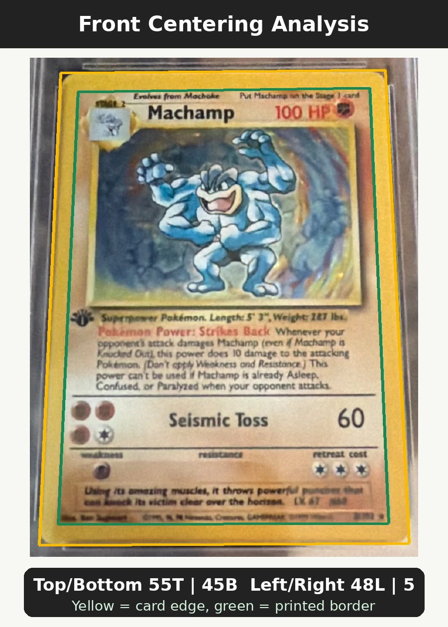 Machamp 008/102 Base Set front centering analysis showing Top/Bottom 55T | 45B and Left/Right 48L | 52R.
