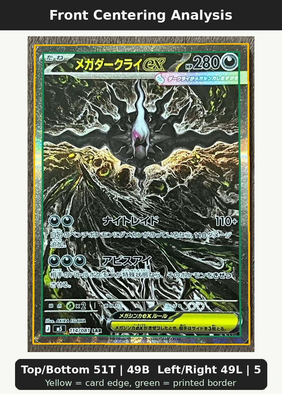 Mega Darkrai ex 114/81 Abyss Eye front centering analysis showing Top/Bottom 51T | 49B and Left/Right 49L | 51R.