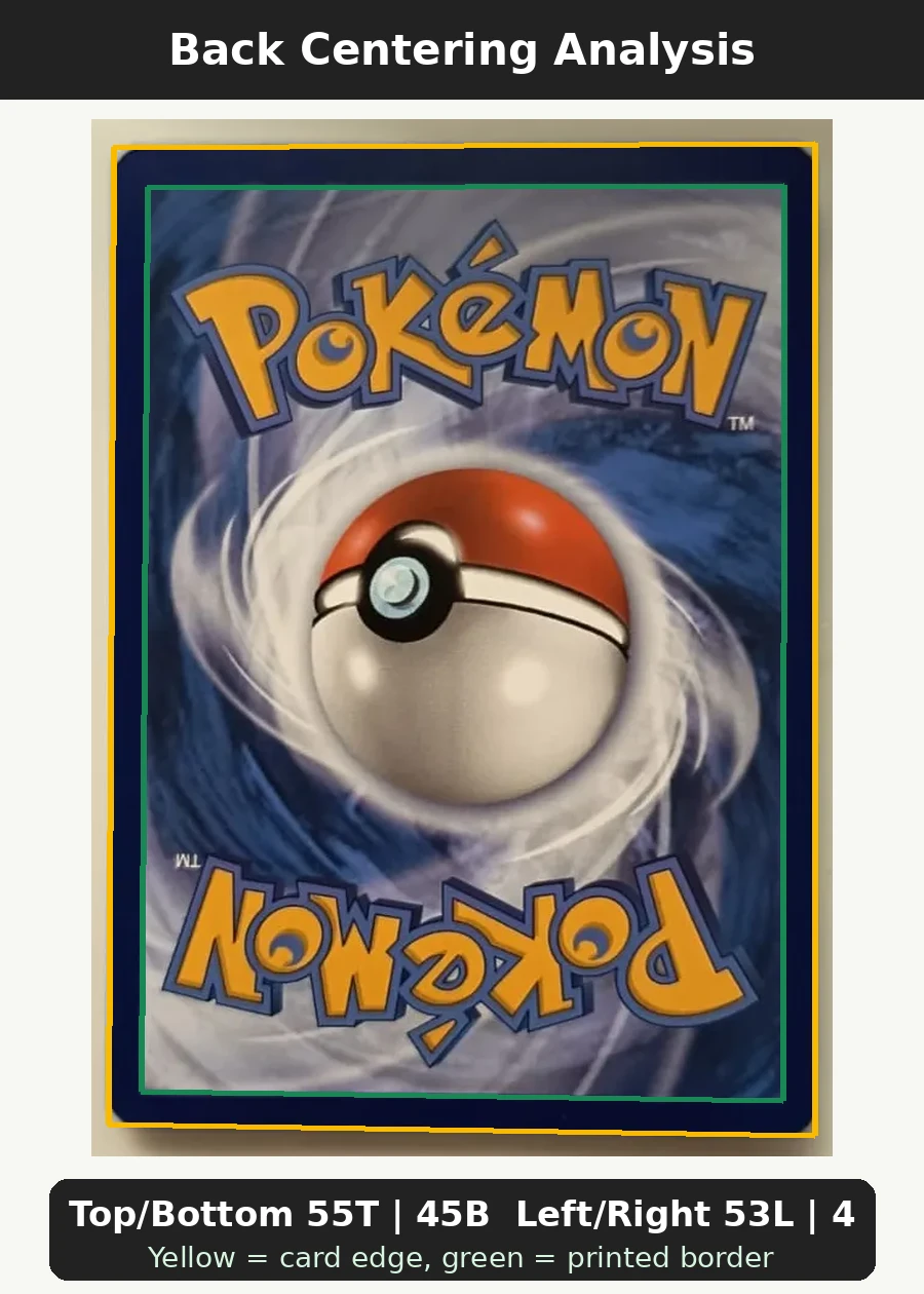 Mewtwo 052/225 SVP Black Star Promos back centering analysis showing Top/Bottom 55T | 45B and Left/Right 53L | 47R.