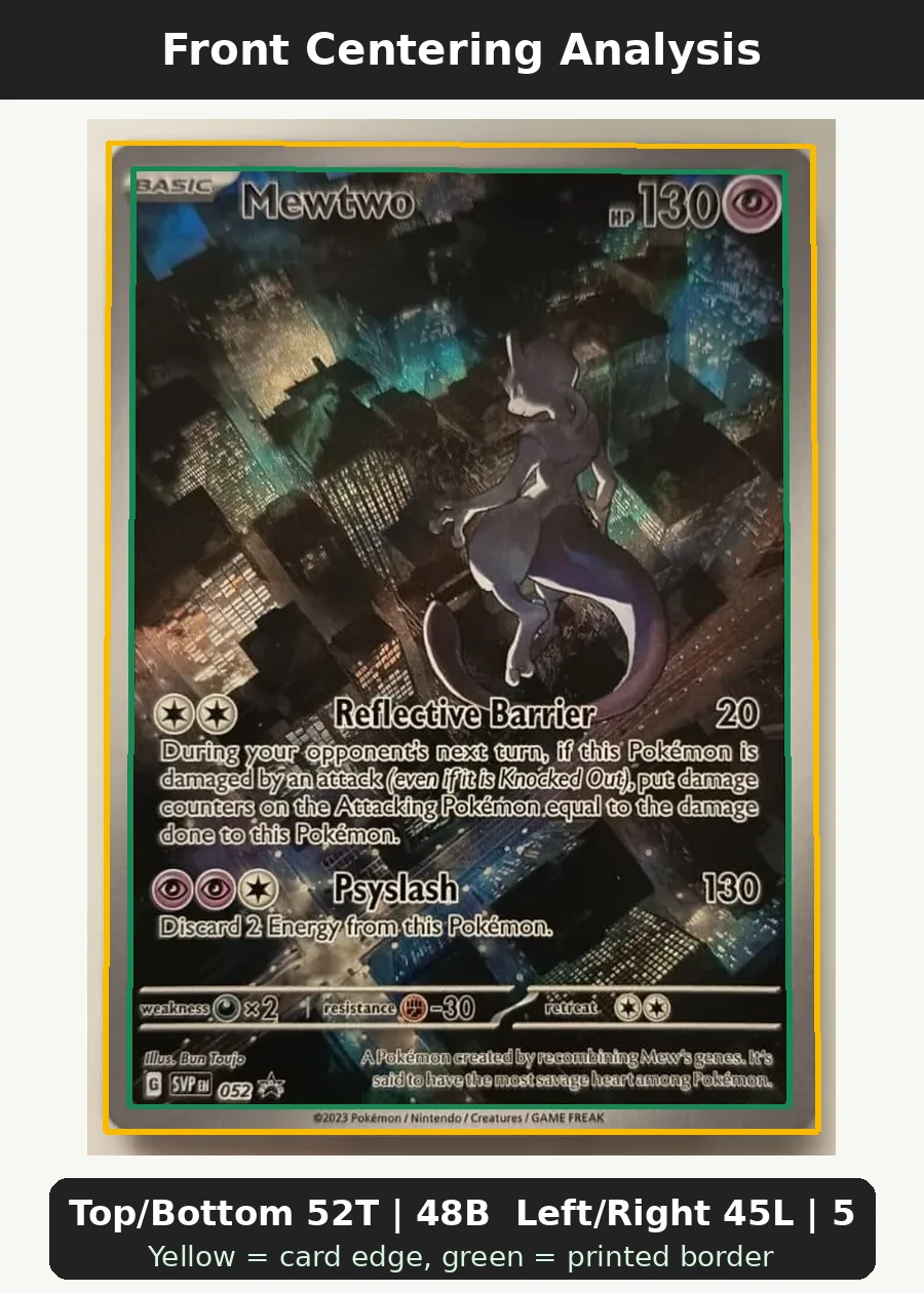 Mewtwo 052/225 SVP Black Star Promos front centering analysis showing Top/Bottom 52T | 48B and Left/Right 45L | 55R.