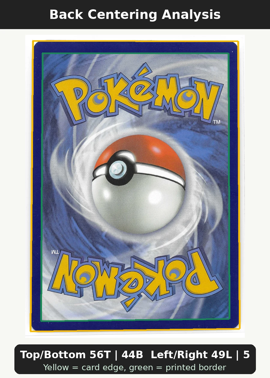 Mew ex 053/225 SVP Black Star Promos back centering analysis showing Top/Bottom 56T | 44B and Left/Right 49L | 51R.