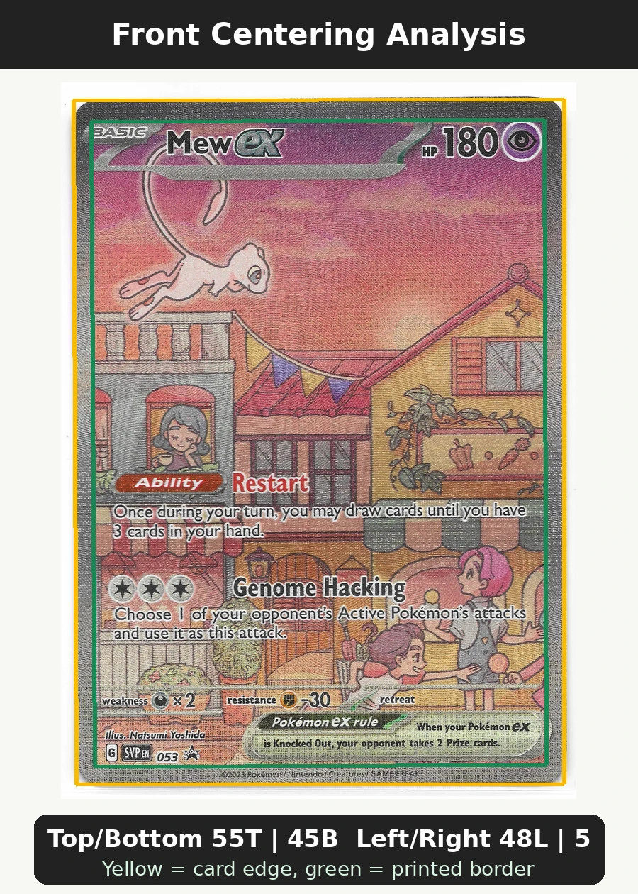 Mew ex 053/225 SVP Black Star Promos front centering analysis showing Top/Bottom 55T | 45B and Left/Right 48L | 52R.