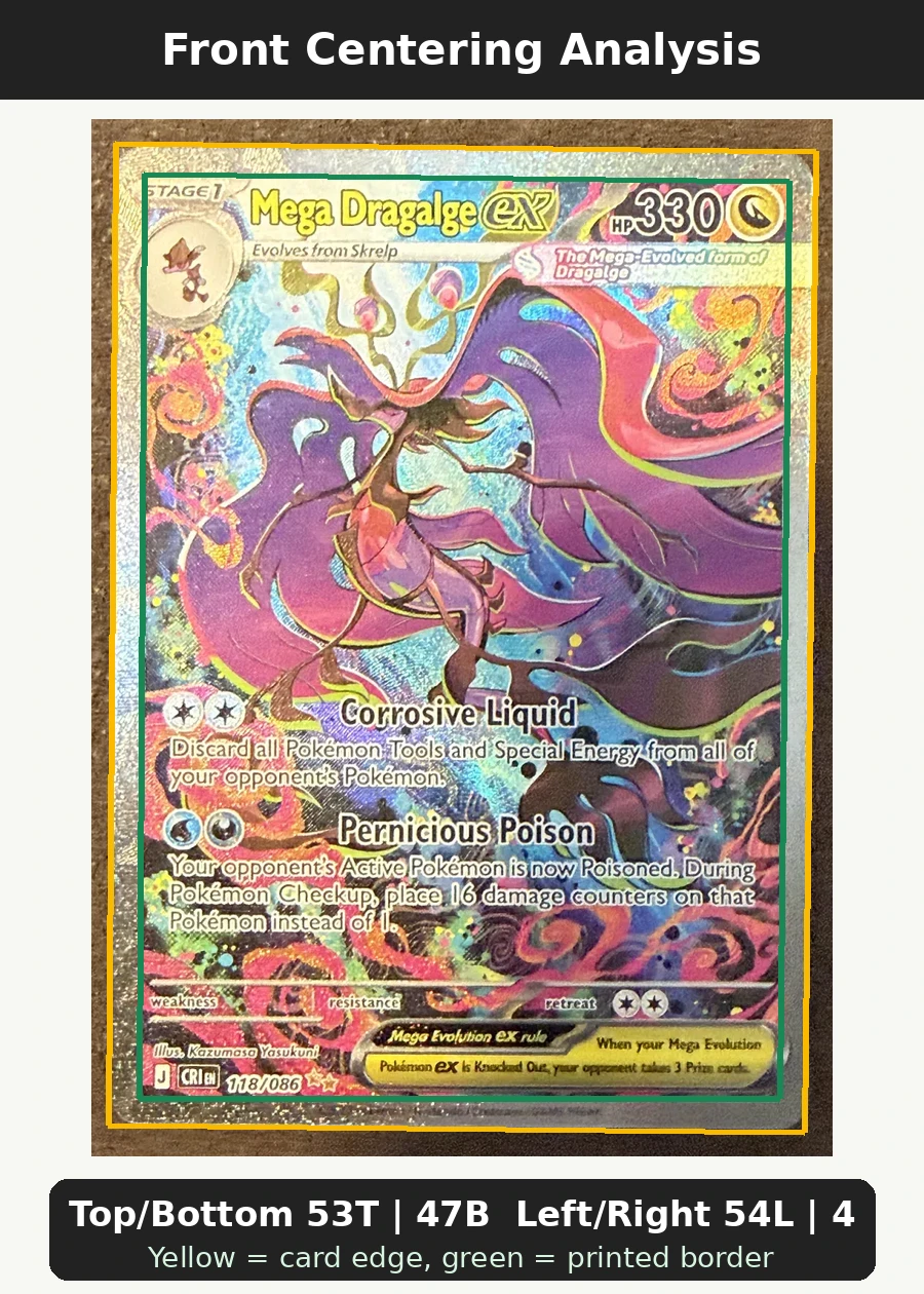 Mega Dragalge ex 118/86 Chaos Rising front centering analysis showing Top/Bottom 53T | 47B and Left/Right 54L | 46R.