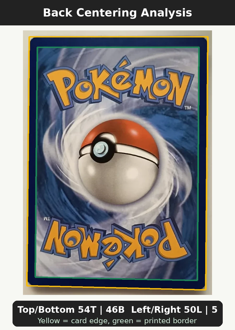 Mew ex 053/225 SVP Black Star Promos back centering analysis showing Top/Bottom 54T | 46B and Left/Right 50L | 50R.