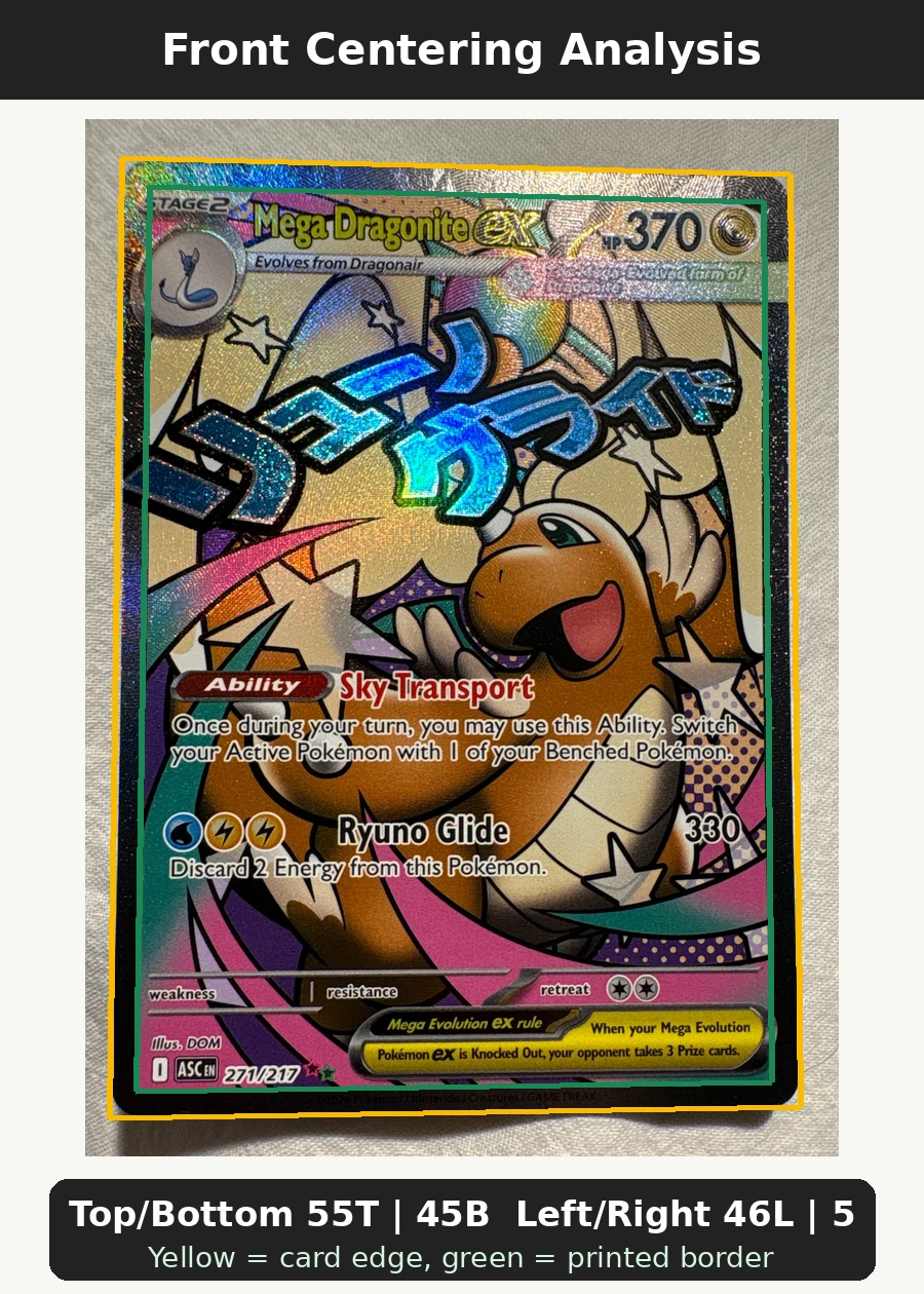 Mega Dragonite ex 271/217 Ascended Heroes front centering analysis showing Top/Bottom 55T | 45B and Left/Right 46L | 54R.