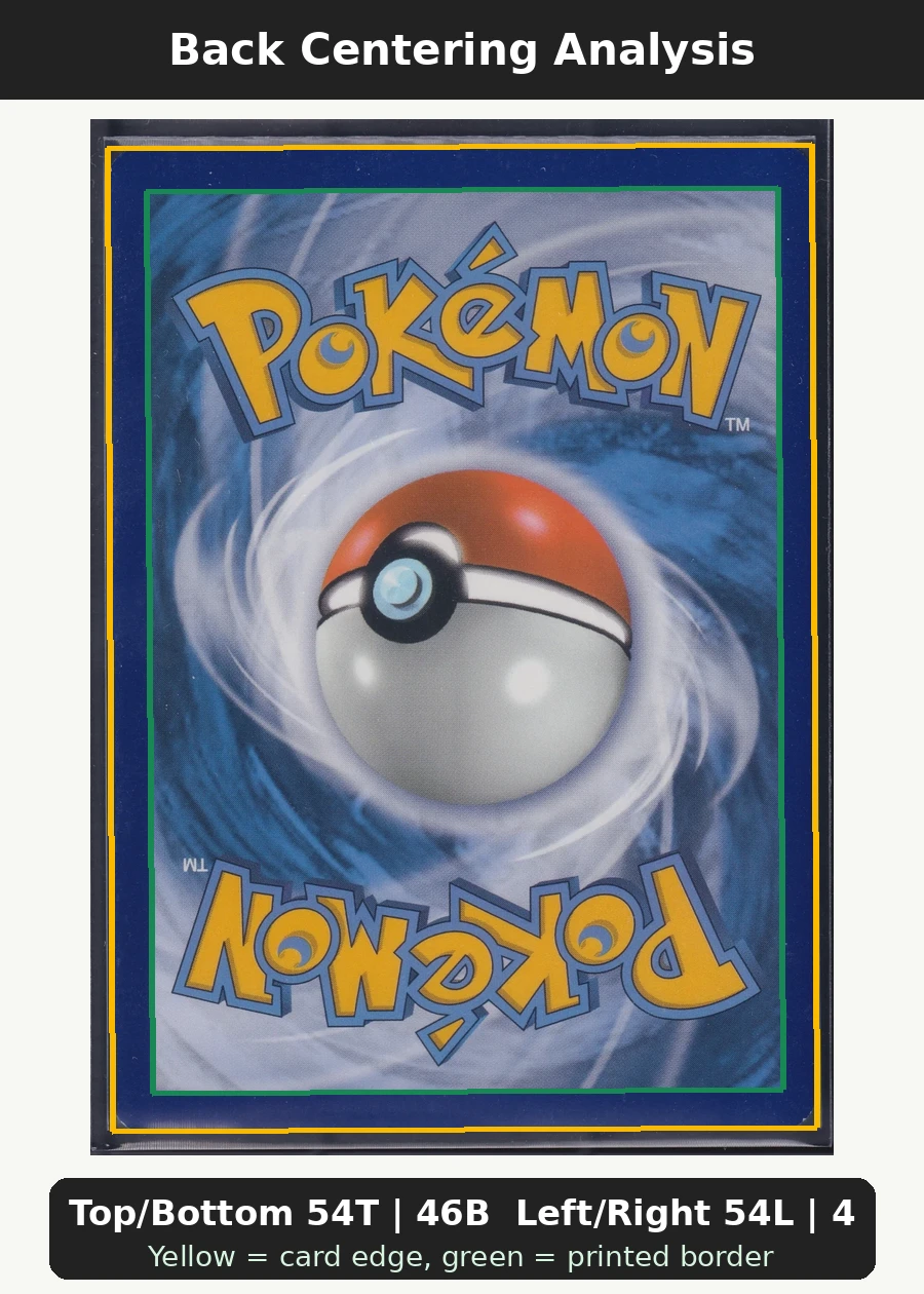 Charizard V SWSH260/307 SWSH Black Star Promos back centering analysis showing Top/Bottom 54T | 46B and Left/Right 54L | 46R.