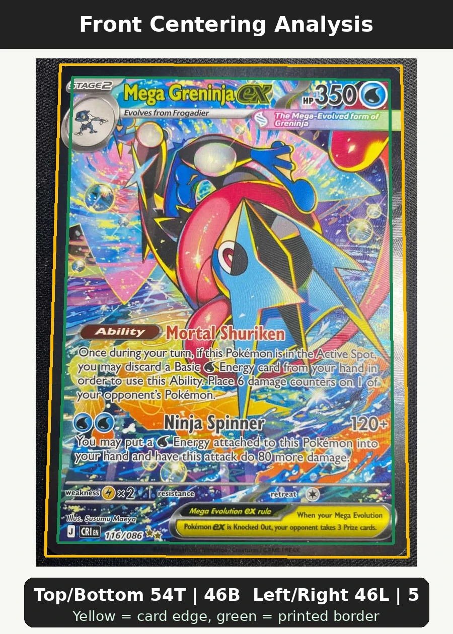 Mega Greninja ex 116/86 Chaos Rising front centering analysis showing Top/Bottom 54T | 46B and Left/Right 46L | 54R.