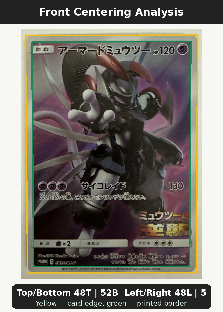 Armored Mewtwo 365 Sun & Moon Promos front centering analysis showing Top/Bottom 48T | 52B and Left/Right 48L | 52R.