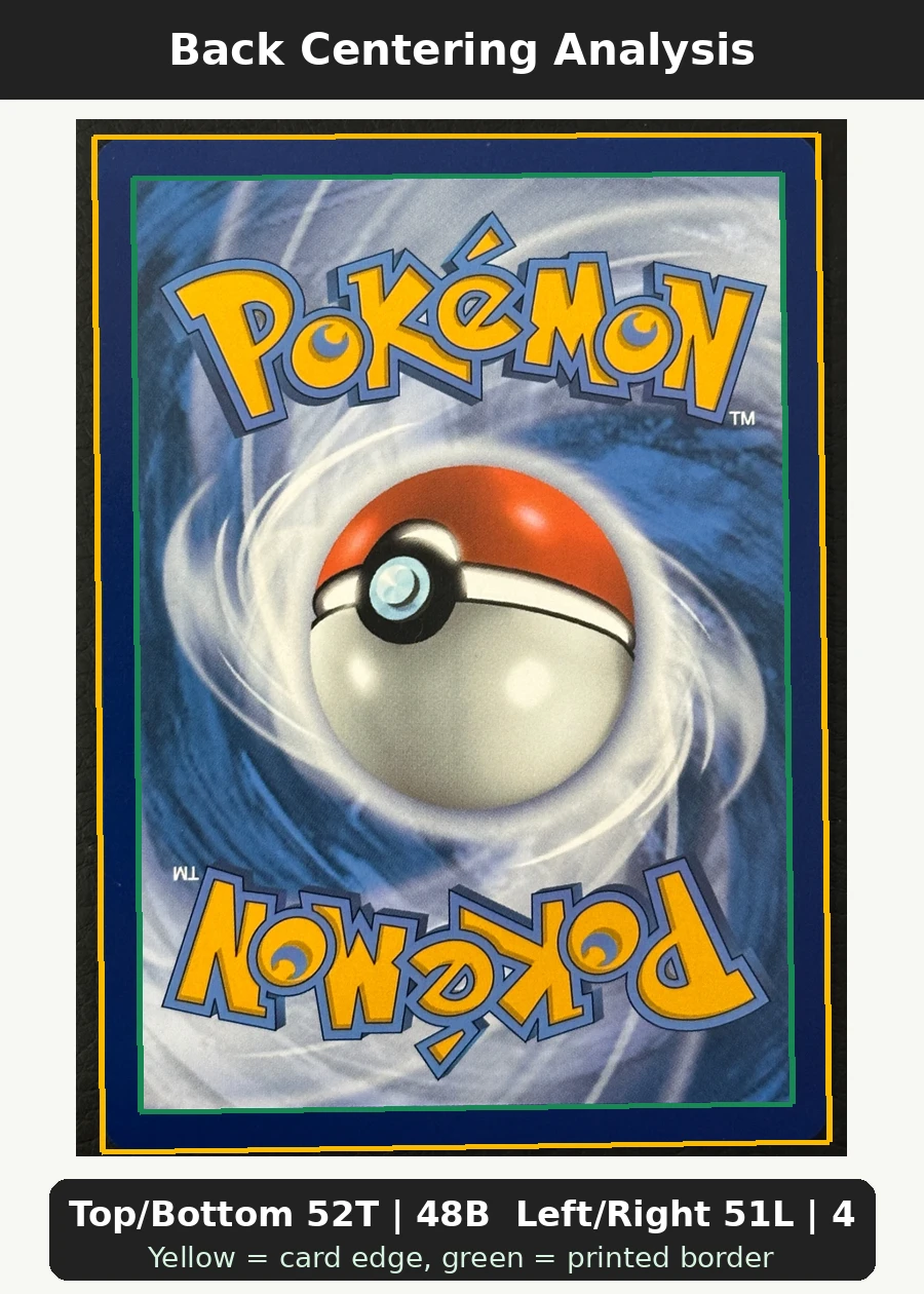 Pikachu ex 247/191 Surging Sparks back centering analysis showing Top/Bottom 52T | 48B and Left/Right 51L | 49R.