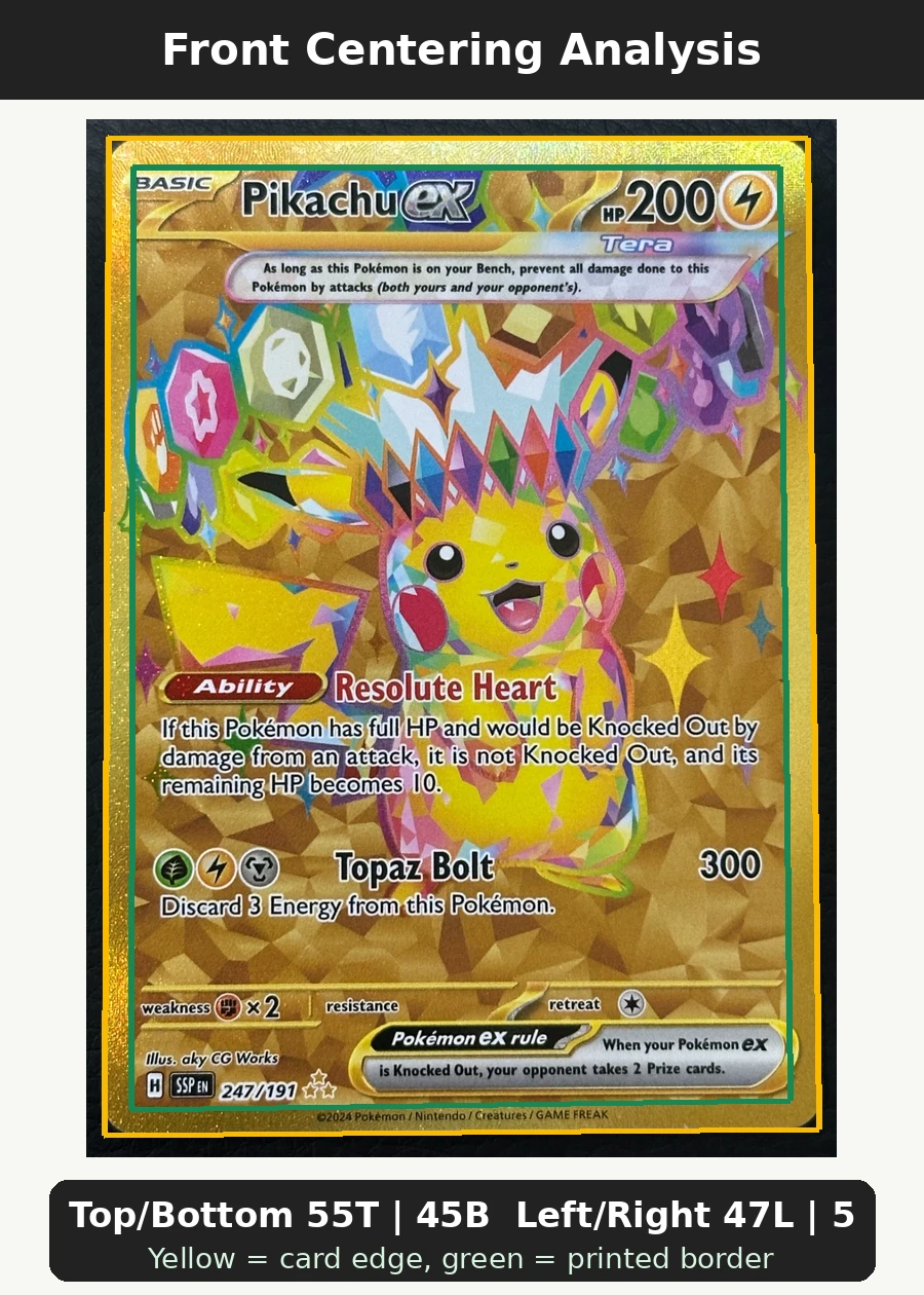 Pikachu ex 247/191 Surging Sparks front centering analysis showing Top/Bottom 55T | 45B and Left/Right 47L | 53R.