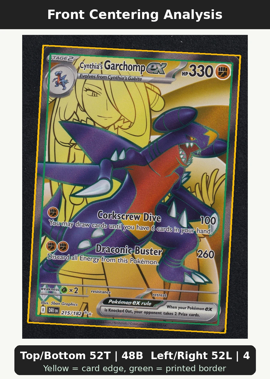 Cynthia's Garchomp ex 215/182 Destined Rivals front centering analysis showing Top/Bottom 52T | 48B and Left/Right 52L | 48R.