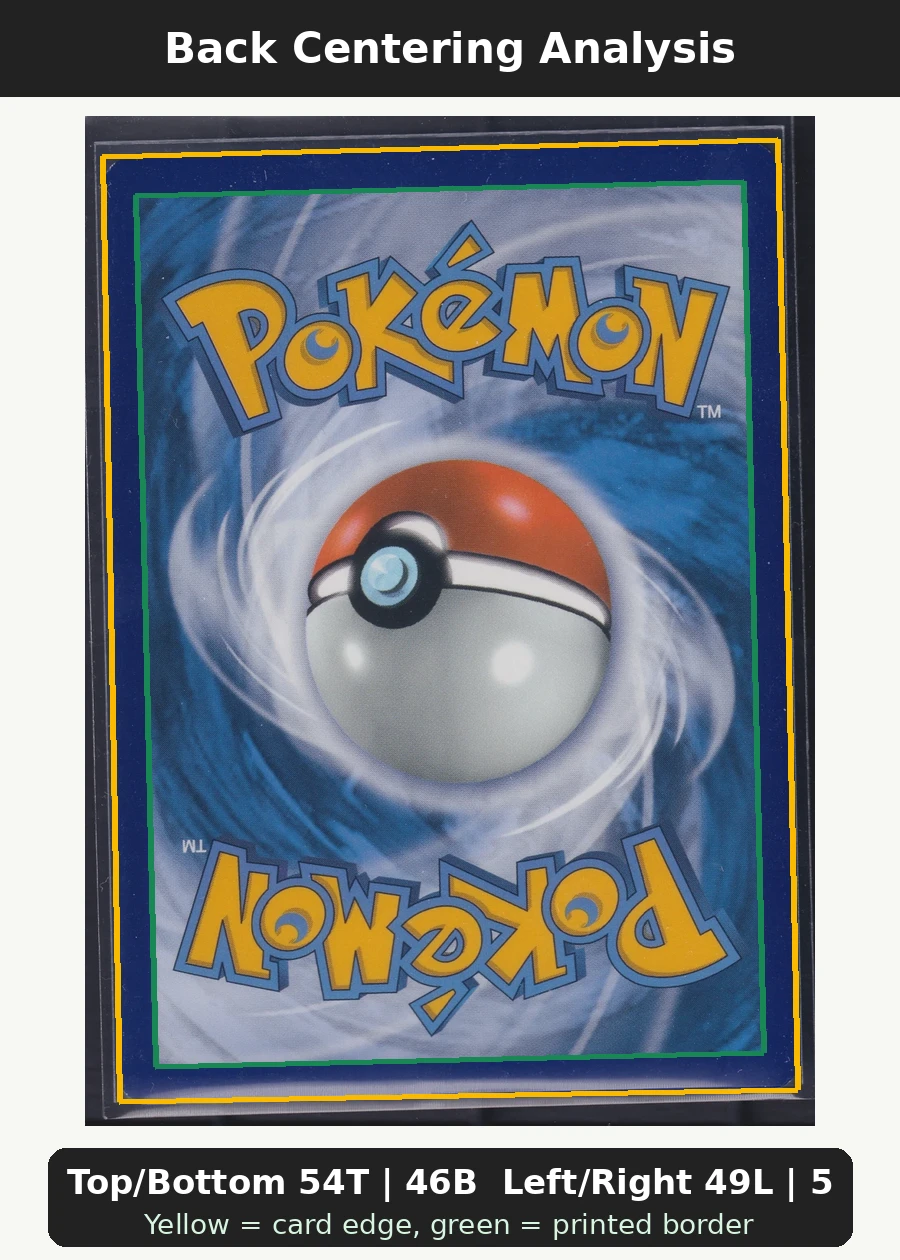 Charizard VSTAR SWSH262/307 SWSH Black Star Promos back centering analysis showing Top/Bottom 54T | 46B and Left/Right 49L | 51R.